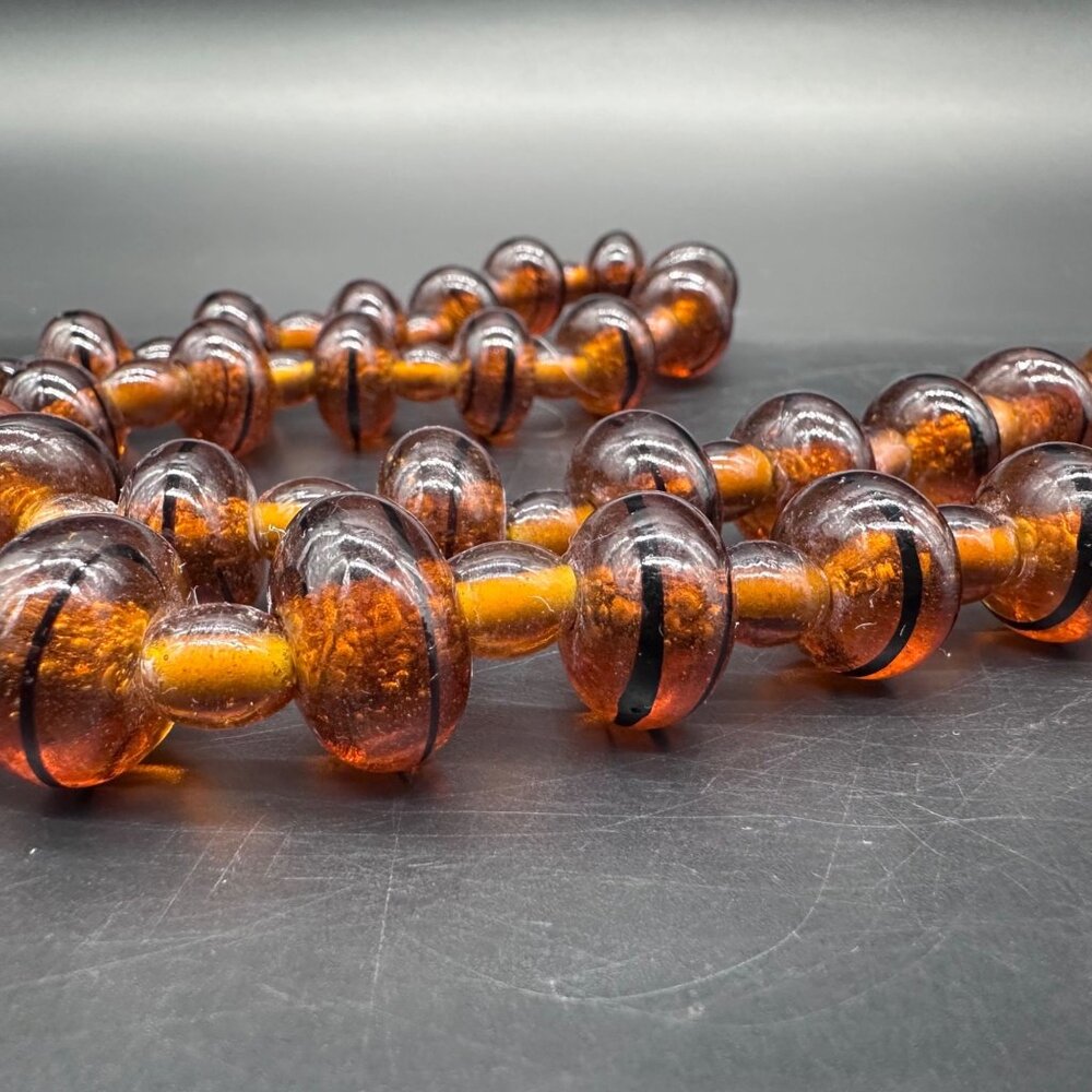 Vintage Amber Glass Bead Necklace Lampwork Swirl Handmade Heavy Jewelry Brown - Picture 4 of 7